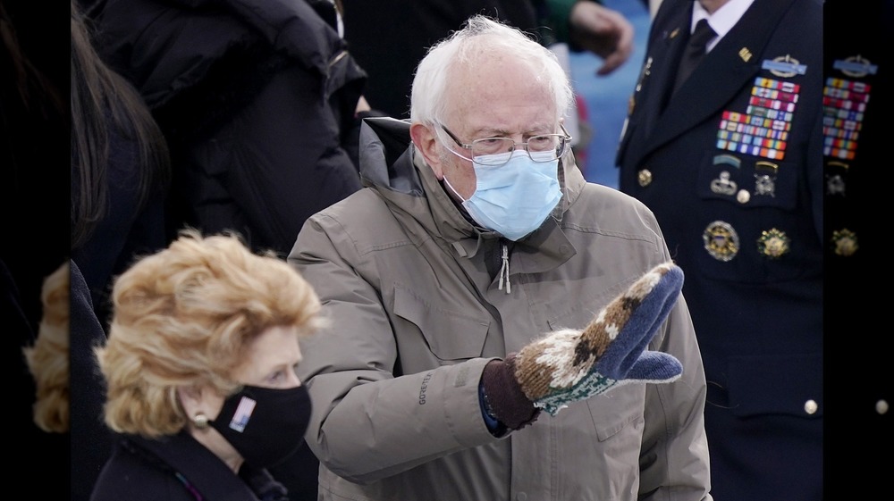 Bernie Sanders wearing mittens at the inauguration 