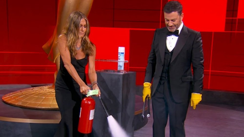 Jennifer Aniston and Jimmy Kimmel at the 2020 Emmy Awards 