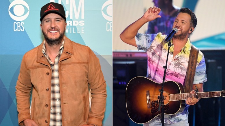 Luke Bryan in a suede jacket, Luke Bryan in a Hawaiian shirt
