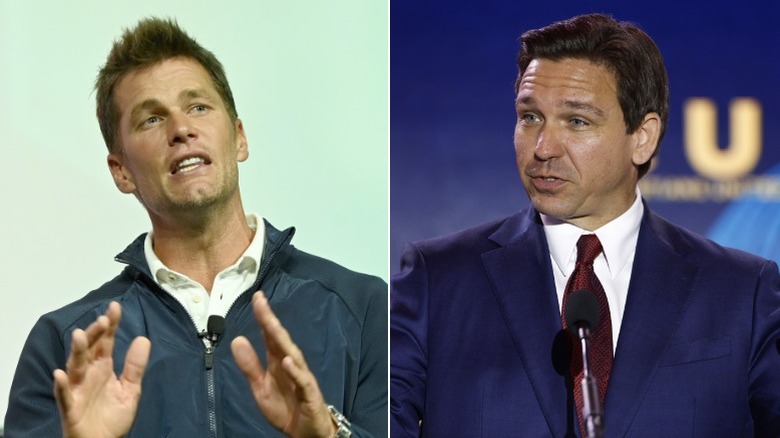 Side-by-side pictures of Tom Brady speaking and Ron DeSantis talking at a campaign rally