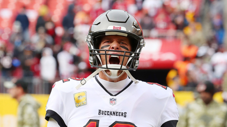 Tom Brady yelling on the football field