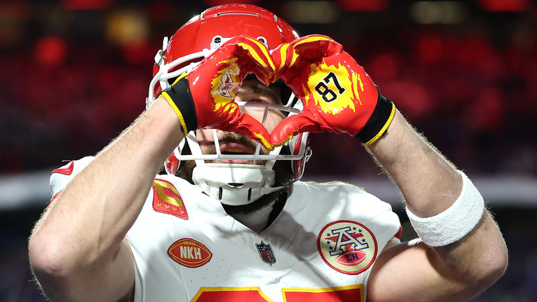 Travis Kelce celebrating after scoring a 22 yard touchdown against the Buffalo Bills during the second quarter in the AFC Divisional Playoff game