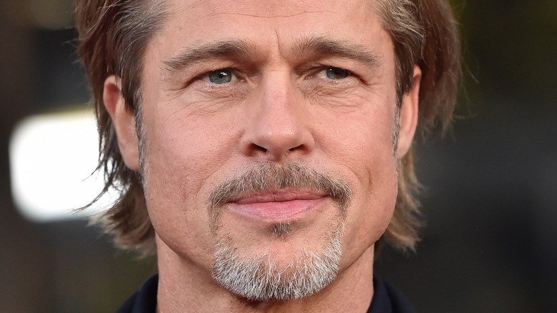 Brad Pitt poses in a dark suit.