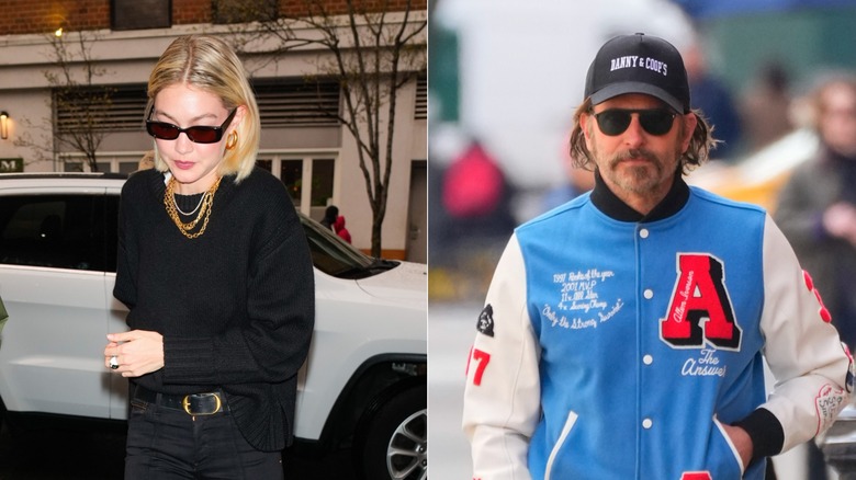 Gigi Hadid in all-black outfit; Bradley Cooper in a bomber jacket