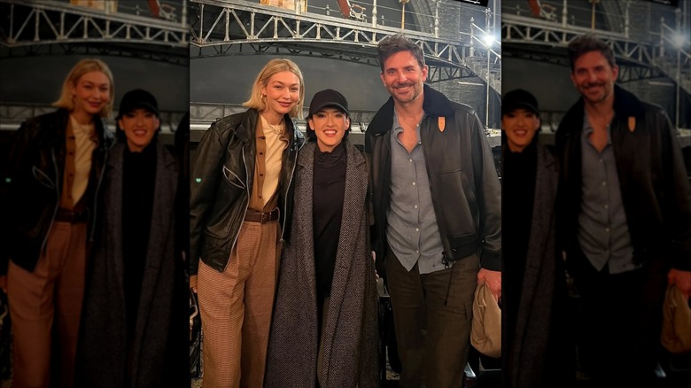 Gigi Hadid and Bradley Cooper posing with Joanna Tsui-Carpenter