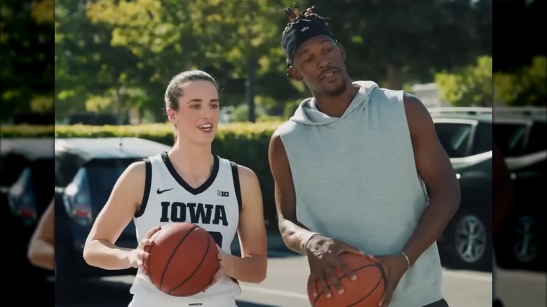 Caitlin Clark and Jimmy Butler in a commercial for State Farm Insurance.