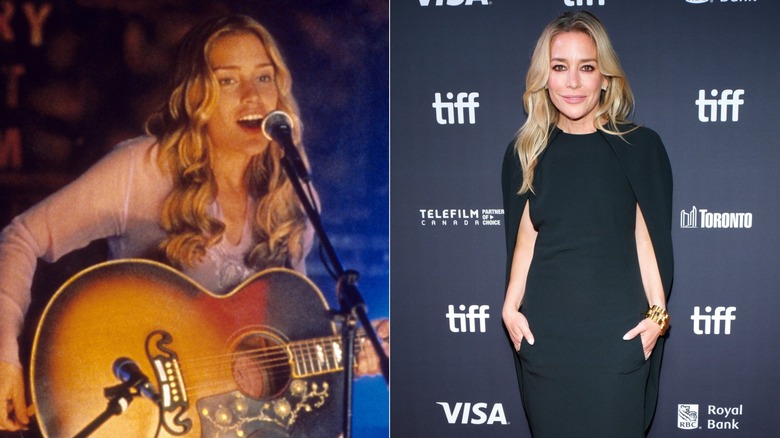 Piper Perabo as Violet in "Coyote Ugly" holding a guitar / Piper Perabo wearing a long-sleeved black gown with an attached cape