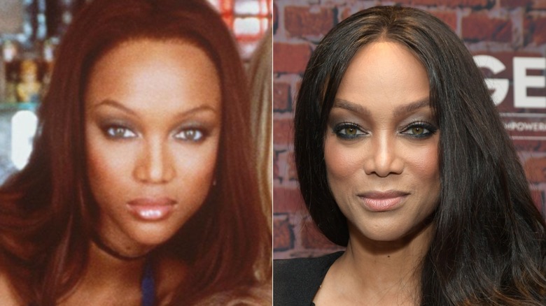 Tyra Banks in a promotional photo for "Coyote Ugly" / Tyra Banks wearing a black blazer and smoky silver eye makeup