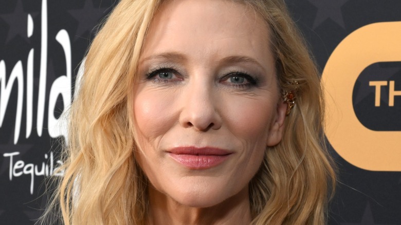 A closeup of Cate Blanchett on a red carpet
