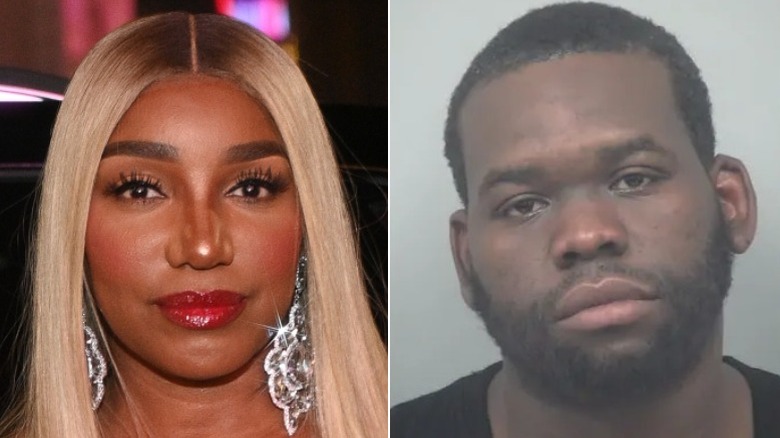 Split image of Nene Leakes on a red carpet and Bryson Bryant mugshot