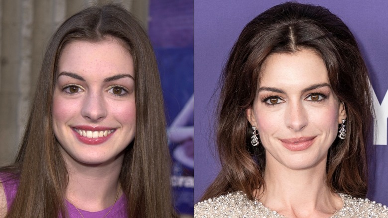 Split image of Anne Hathaway smiling in the 2000s and Anne Hathaway smiling in 2025