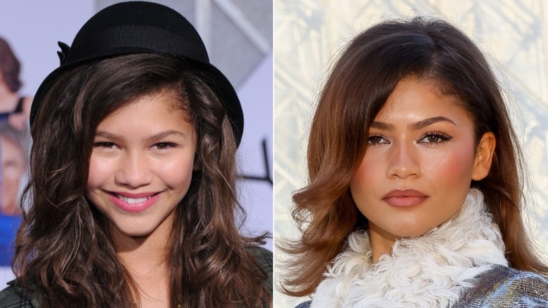 Split image of Zendaya smiling during her Disney days and Zendaya posing on the red carpet in 2025