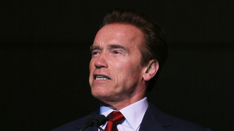 Arnold Schwartzenegger looks to the side