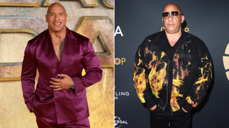 Dwayne Johnson and Vin Diesel posing on red carpets