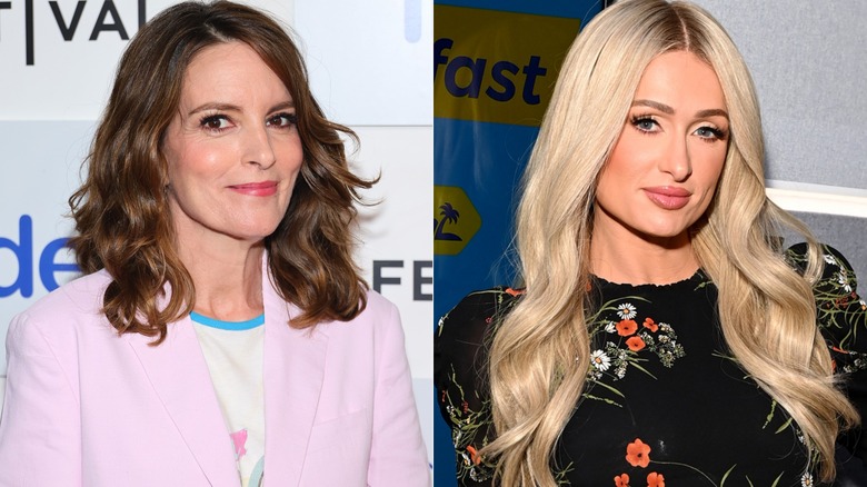 Tina Fey smirking, Paris Hilton posing