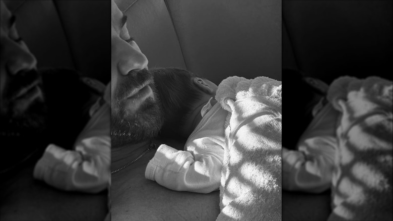 Justin Theroux with his newborn son.