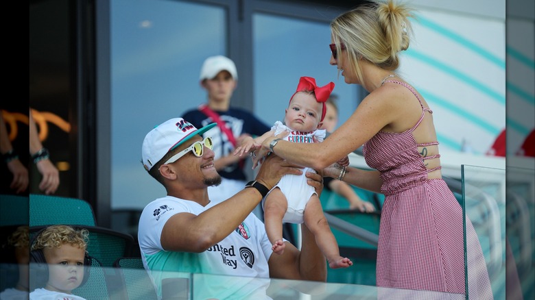 Patrick Mahomes, Brittany Mahomes and their children attending the NWSL match between Kansas City Current and Orlando Pride at CPKC Stadium