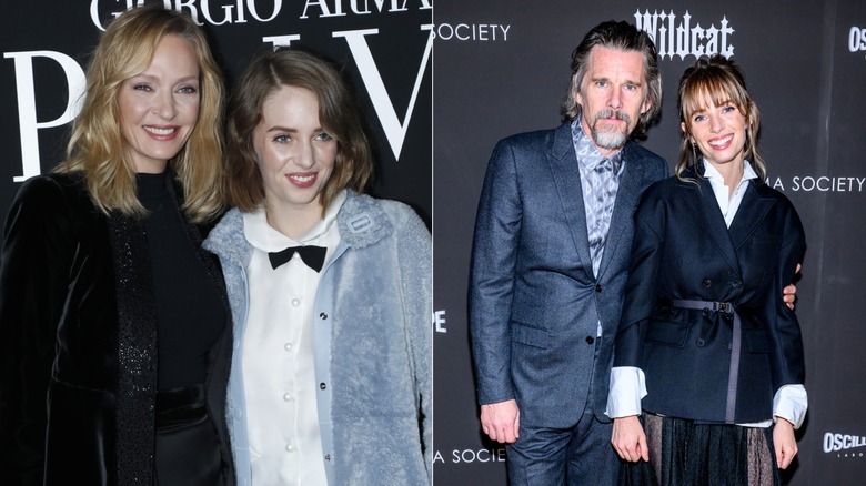 Split image of Uma Thurman and daughter Maya Hawke, left, and Ethan Hawke with Maya Hawke, right
