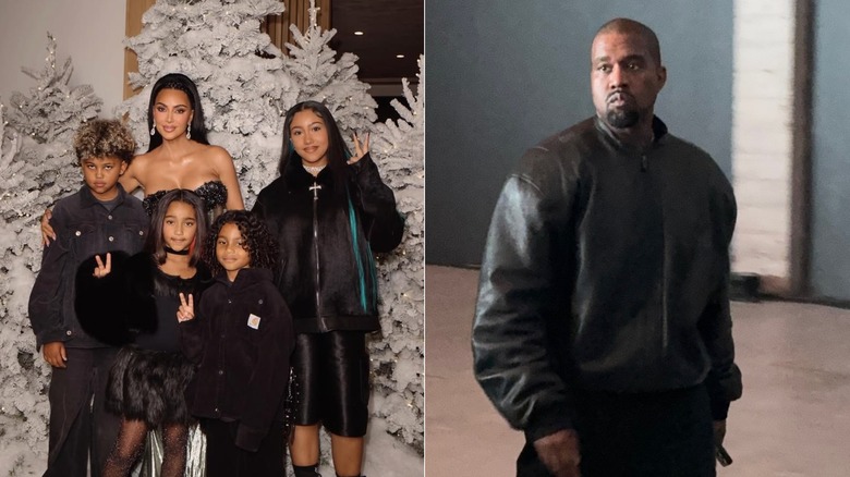 Split image of Kim Kardashian with North, Saint, Chicago and Psalm in 2025, left, and Kanye West in 2025, right