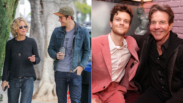 Split image of Jack Quaid with mother Meg Ryan, left, and father Dennis Quaid, right