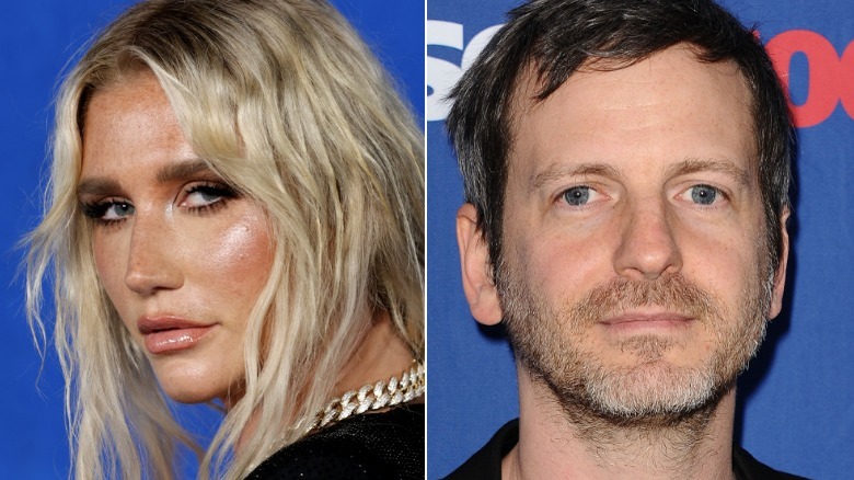 Kesha posing to the side, Dr. Luke posing at event
