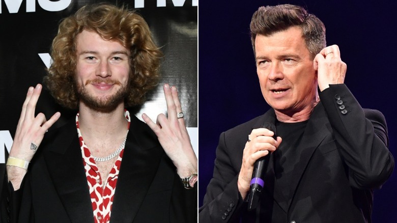 Young Gravy making hand signs, Rick Astley adjusting ear monitor