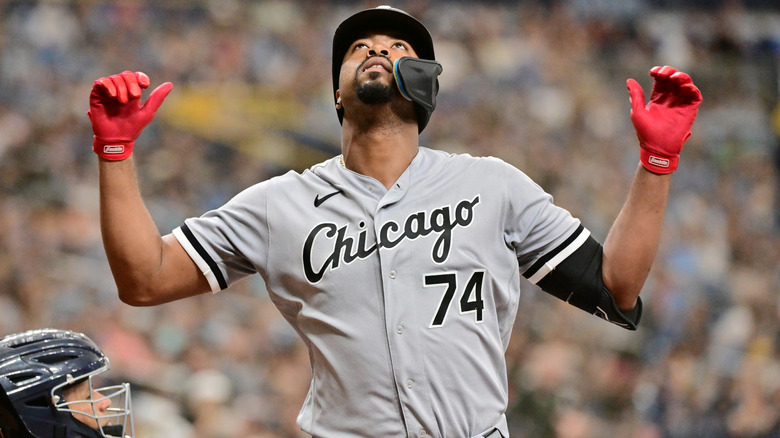 Eloy Jiménez looking upwards on field