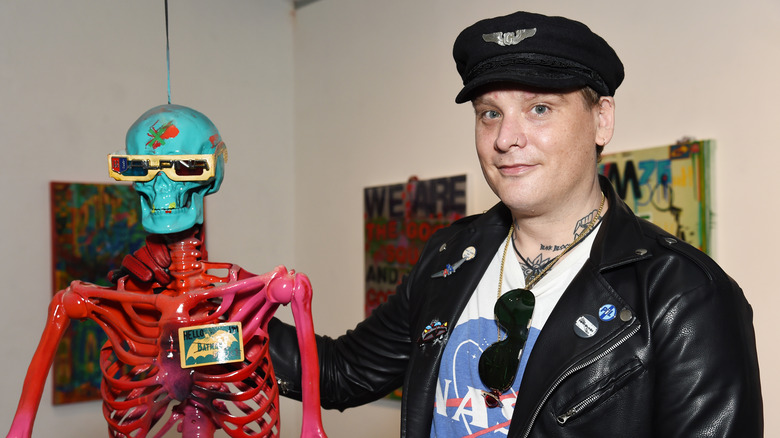 Matt Skiba posing with skeleton