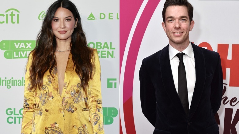 Olivia Munn wearing yellow, John Mulaney wearing a dark suit