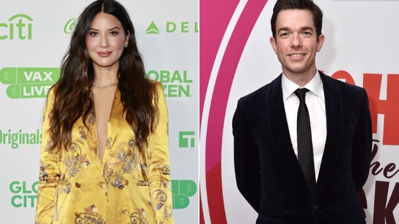 Olivia Munn wearing yellow, John Mulaney wearing a dark suit