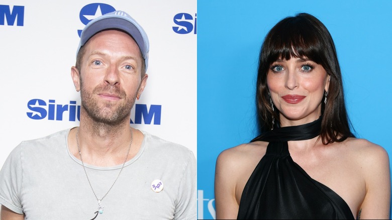 Chris Martin and Dakota Johnson posing in split image