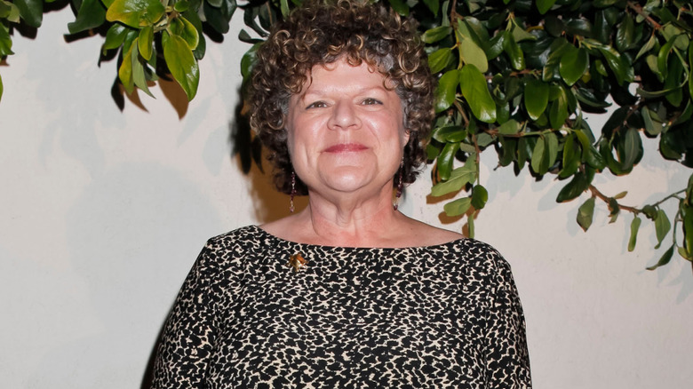 Mary Pat Gleason wearing a black and white patterned dress