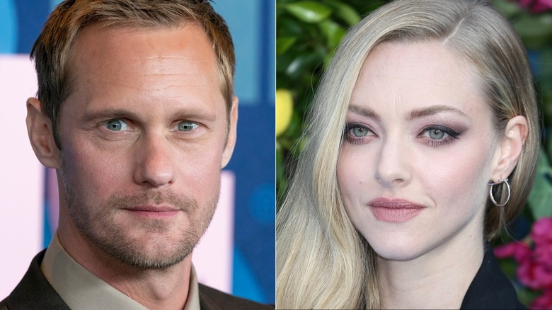 Split screen closeups of Alexander Skarsgard and Amanda Seyfried