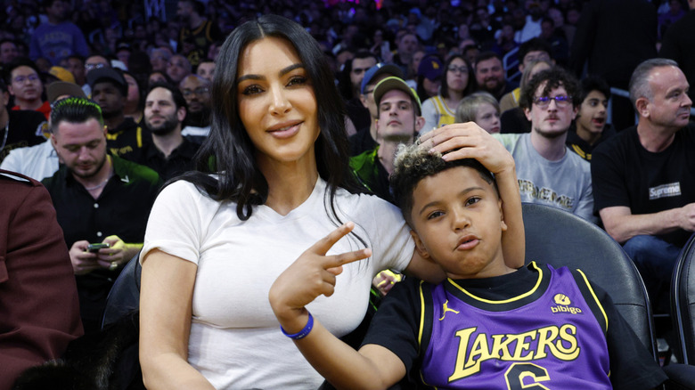 Kim Kardashian and Saint West at a 2024 Lakers fame