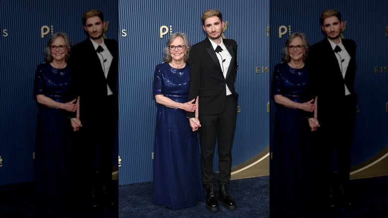Sally Field locking arms with her son Sam Greisman on the 2026 Emmys red carpet.
