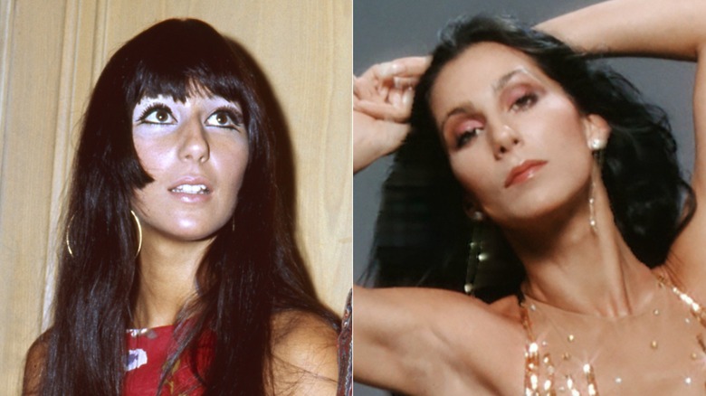 Split image of Cher in the late 1960s and in a glamor photo from the mid-1970s