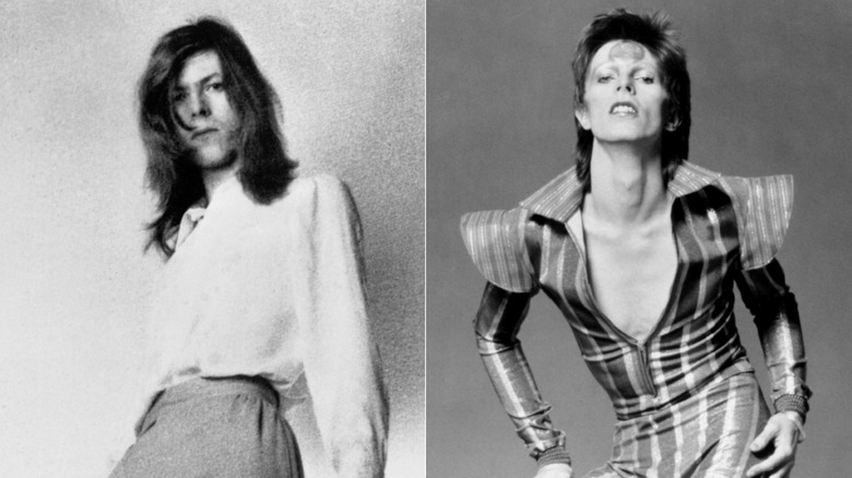 Split image of David Bowie in 1971 and as Ziggy Stardust