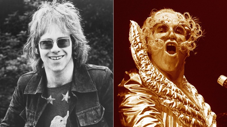 Split image of Elton John in 1970 and in 1974