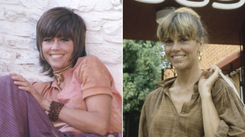 Split image of Jane Fonda in the early 1970s and in her fitness studio in 1979