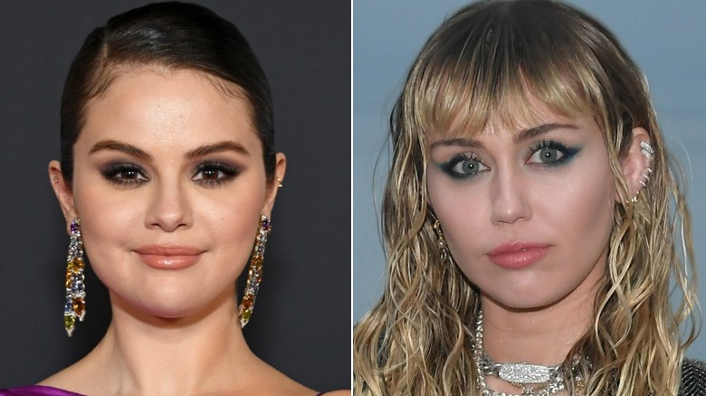 Selena Gomez smiling, Miley Cyrus pouting