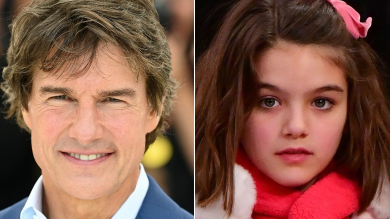 Tom Cruise smiling, Suri Cruise at a game