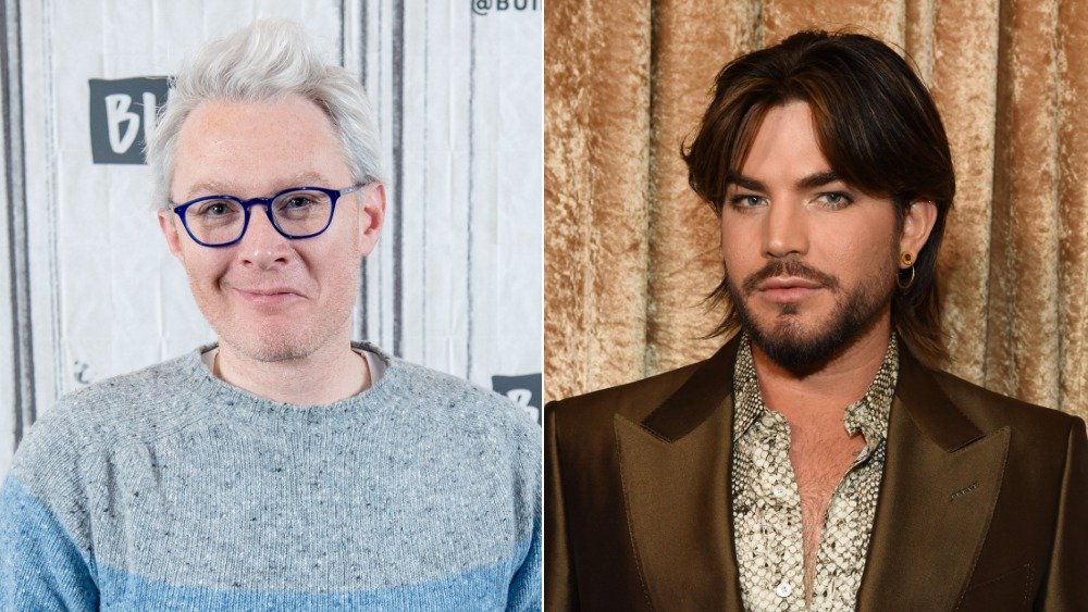 Clay Aiken with bleached blond hair, Adam Lambert in a brown blazer and snakeskin button-up