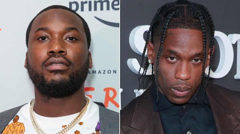 Meek Mill (left), Travis Scott (right), both look at camera