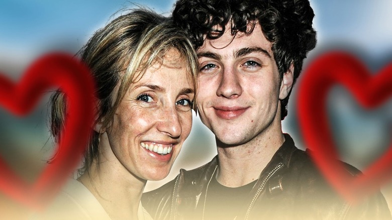 Young Aaron Taylor-Johnson and Sam Taylor-Johnson with hearts around them