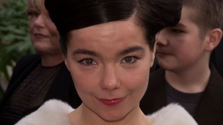 Björk wearing white fur