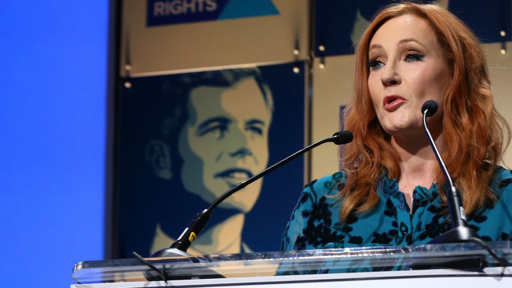 JK Rowling speaking on stage