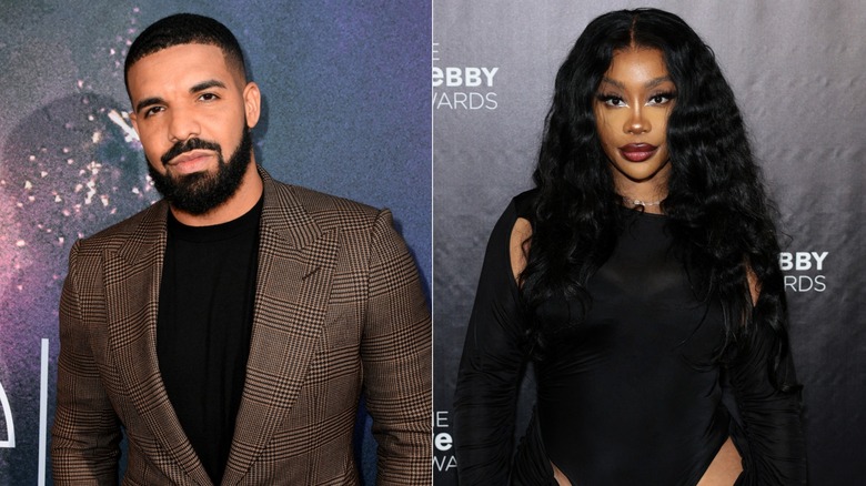 Drake posing at an event and SZA posing at an event