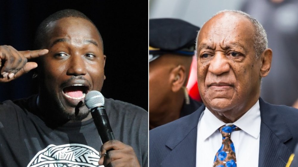 Hannibal Buress on stage with microphone, Bill Cosby in suit