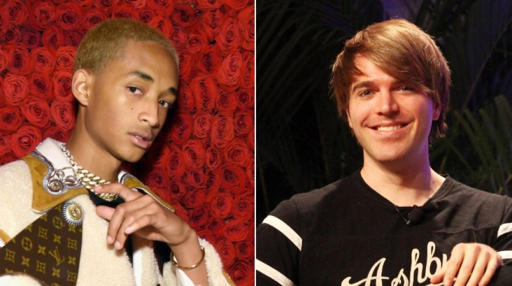 Jaden Smith in front of rose wall, Shane Dawson grinning and sitting