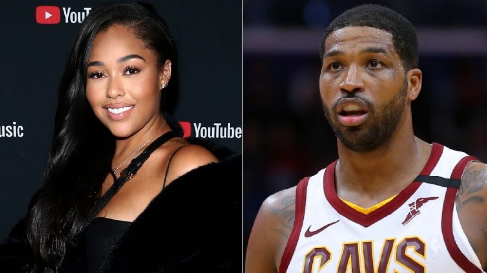 Jordyn Woods smiling, Tristan Thompson on basketball court